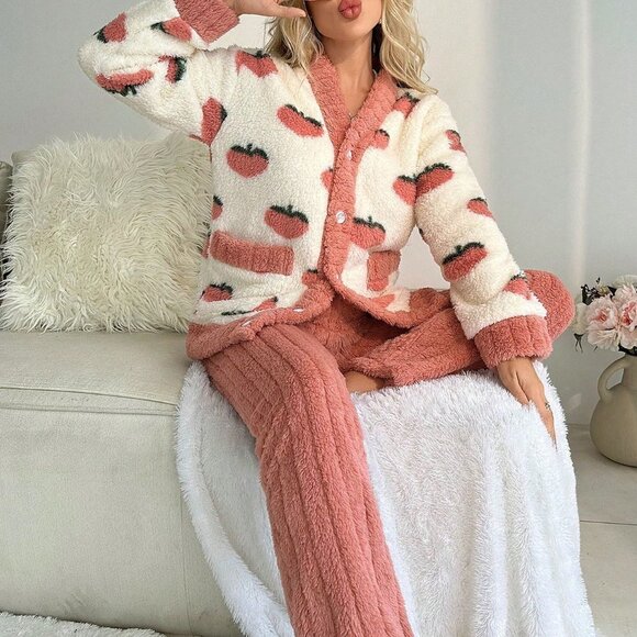 Multicolor Preppy Womens Contrast Trim Button Front PJ Set - Picture 4 of 6